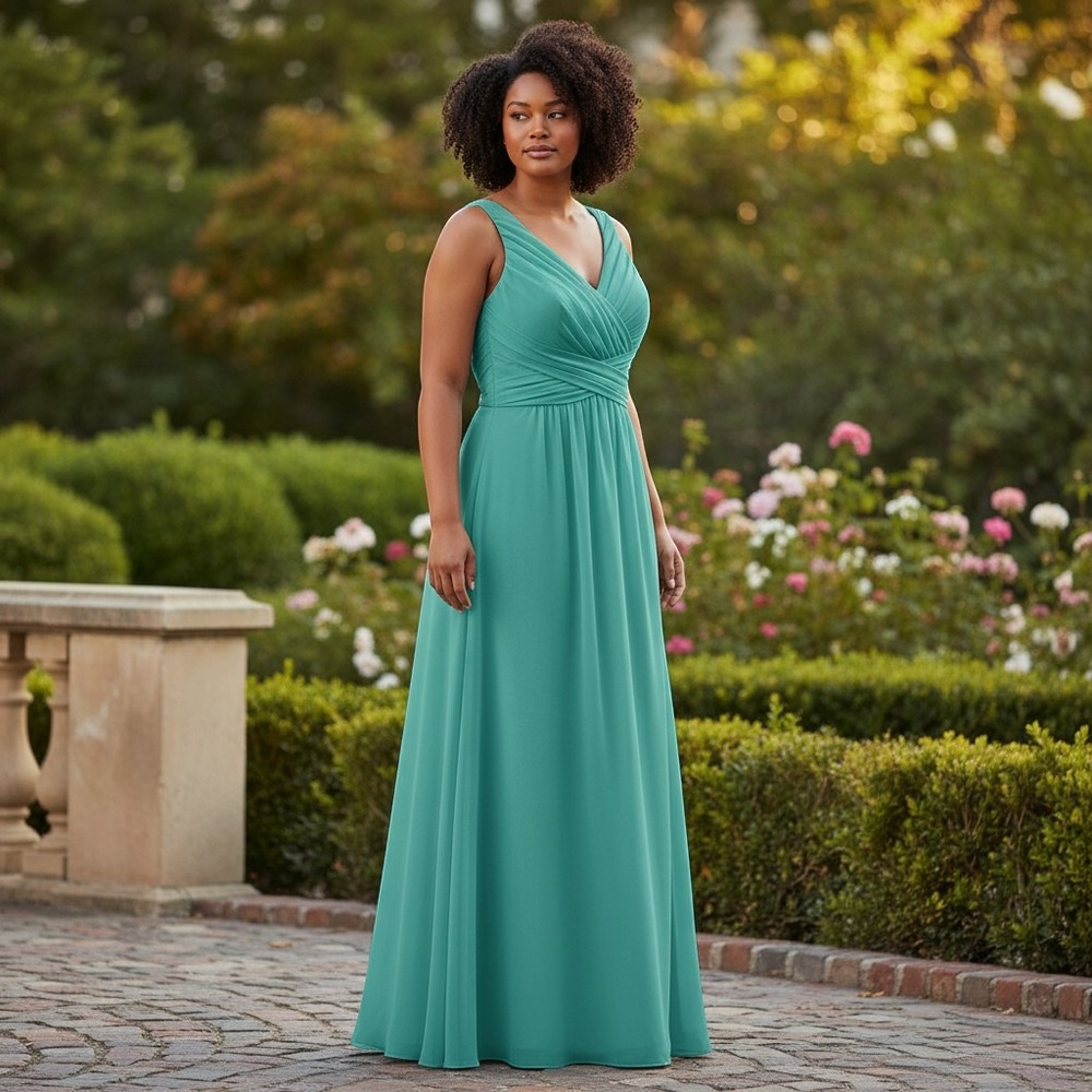 David's Bridal Gown Womens 18 Aqua Ruched V-Neck Criss-Cross Back Formal Wedding